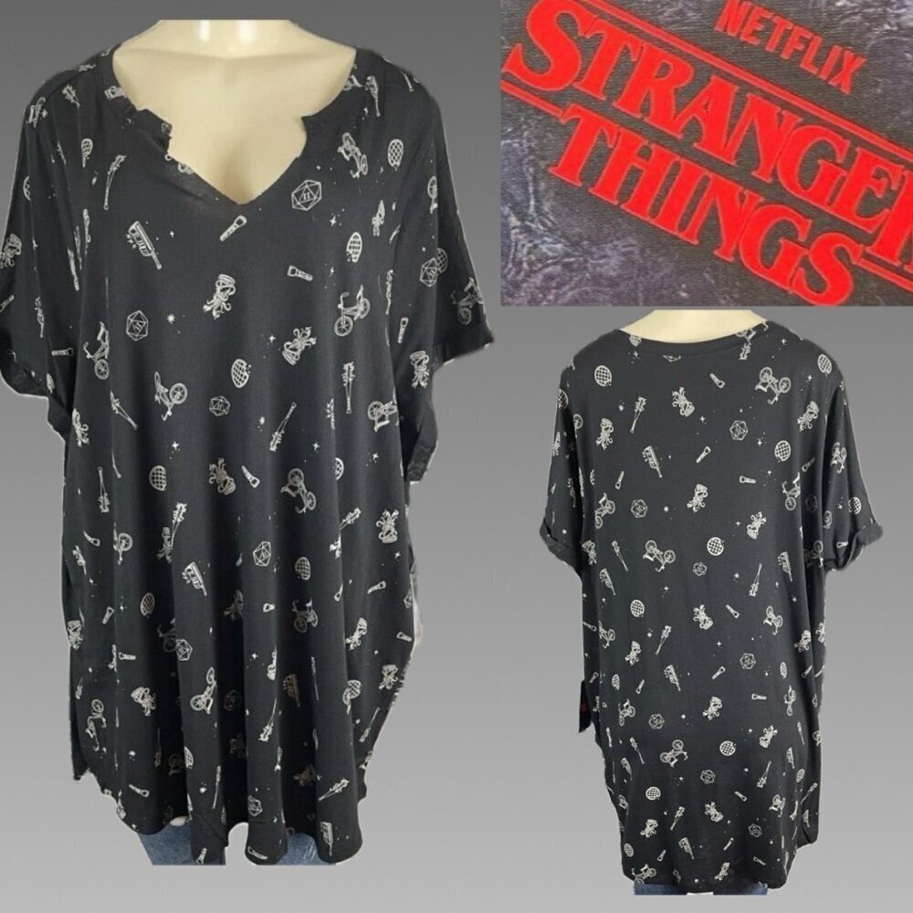 Netflix +4 Black Split Neckline Stranger Things Icon Print Short Sleeve Blouse